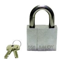 Silver padlock with a set of keys. 